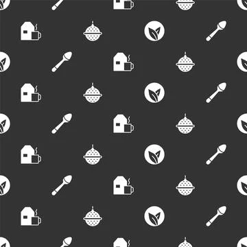 Set Tea leaf, Teaspoon, Cup of tea with milk and Ball strainer on seamless pa Stock Illustration