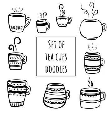 Set of Tea or coffee cup vector doodle hand drawn line illustration Stock Illustration