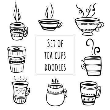 Set of Tea or coffee cup vector doodle hand drawn line illustration Stock Illustration