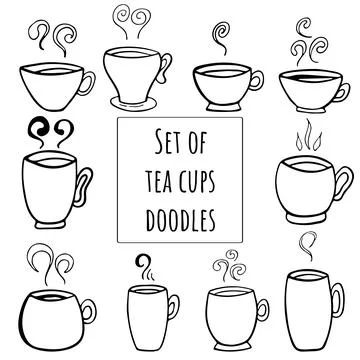 Set of Tea or coffee cup vector doodle hand drawn line illustration Stock Illustration