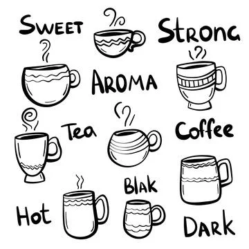 Set of Tea or coffee cup vector doodle hand drawn line illustration. Lettering Stock Illustration