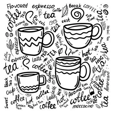 Set of Tea or coffee cup vector doodle hand drawn line illustration. Lettering Stock Illustration