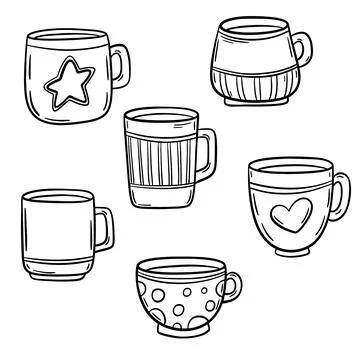 Set of Tea or coffee cup vector doodle hand drawn line illustration Stock Illustration