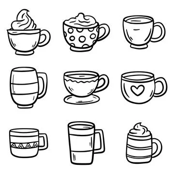 Set of Tea or coffee cup vector doodle hand drawn line illustration Illustrazione stock