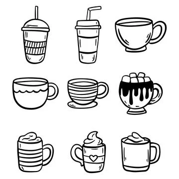 Set of Tea or coffee cup vector doodle hand drawn line illustration Stock Illustration