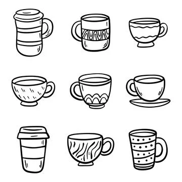 Set of Tea or coffee cup vector doodle hand drawn line illustration Stock Illustration