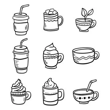Set of Tea or coffee cup vector doodle hand drawn line illustration Stock Illustration