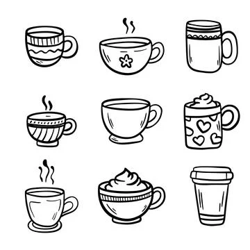 Set of Tea or coffee cup vector doodle hand drawn line illustration Stock Illustration