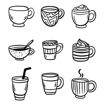 Set of Tea or coffee cup vector doodle hand drawn line illustration Stock Illustration