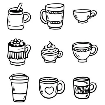 Set of Tea or coffee cup vector doodle hand drawn line illustration Stock Illustration