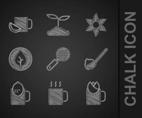 Set Tea strainer with handle, Cup of tea, rose, Spoon sugar, lemon, leaf, Flower Illustration