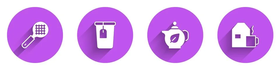 Set Tea strainer with handle, Cup tea bag, Teapot leaf and of milk icon with Stock Illustration