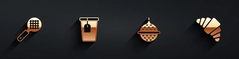 Set Tea strainer with handle, Cup tea bag, Ball and Croissant icon with long Illustration