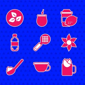 Set Tea strainer with handle, Cup of tea, rose, Flower, Spoon sugar, Bottle.. Illustration