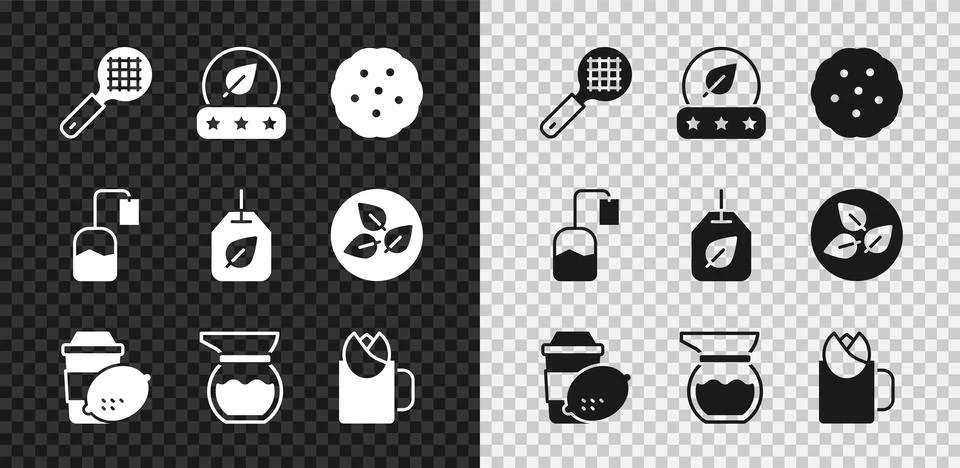 Set Tea strainer with handle, leaf, Cookie or biscuit, Cup of tea lemon, Teapot Illustration
