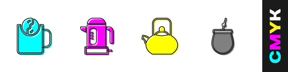 Set Tea time, Electric kettle, Kettle with handle and Mate tea icon. Vector Stock Illustration