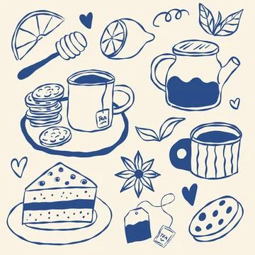 Set of tea time elements in hand drawn style, Stock Illustration