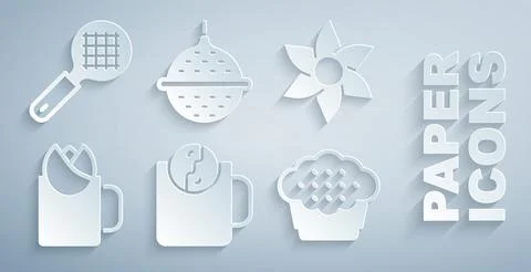 Set Tea time, Flower, Cup of tea with rose, Muffin, Ball strainer and handle Illustration