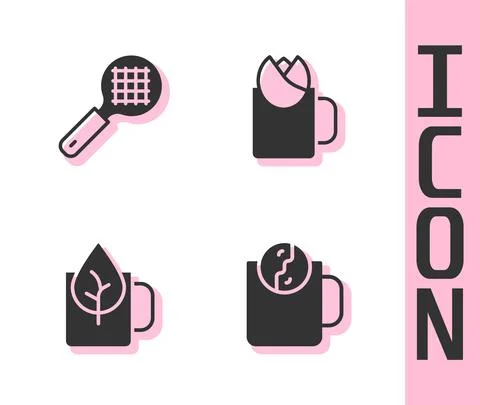 Set Tea time, strainer with handle, Cup of tea leaf and rose icon. Vector Illustration