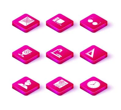Set Teacher, Board with graph chart, Award cup, Microscope, Clock, Triangul.. Ilustração Stock
