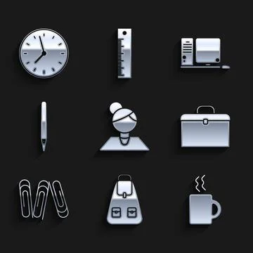 Set Teacher, School backpack, Coffee cup, Briefcase, Paper clip, Pen, Computer Stock-Illustration