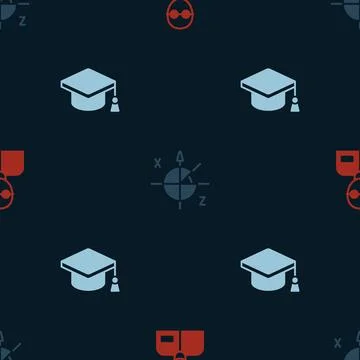 Set Teacher, Trigonometric circle and Graduation cap on seamless pattern. Vector Illustrazione stock