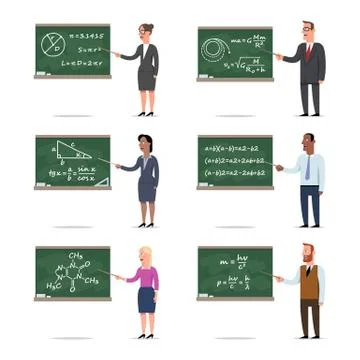 Set of the teachers explains the lesson by pointing to the board Stock Illustration