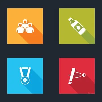 Set Team of baseball players, Bottle water, Medal with and Baseball bat ico.. Stock Illustration