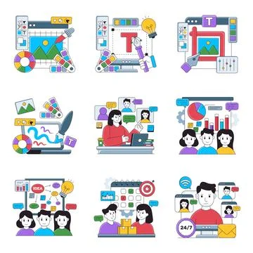 Set of Team Collaboration Flat Illustrations Stock Illustration