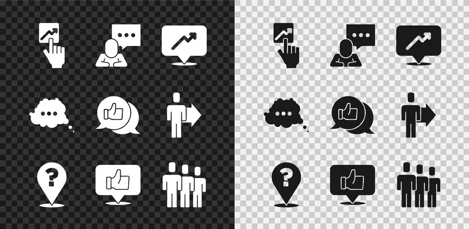 Set Team leader, Speech bubble chat, Graph, schedule, chart, Question mark, Hand Stock Illustration