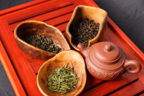 Set of teapot and three kinds of tea in chahe Fotos de archivo