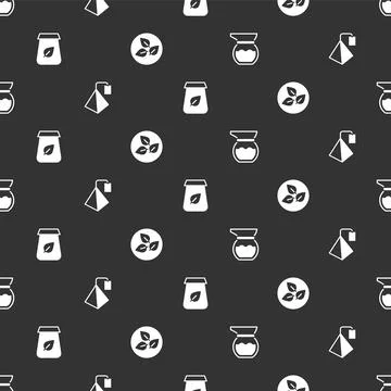 Set Teapot, bag, packaging and leaf on seamless pattern. Vector Illustrazione stock