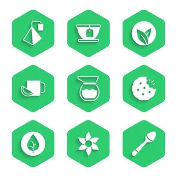 Set Teapot, Flower, Teaspoon, Cookie or biscuit, leaf, Cup of tea with lemon Stock Illustration