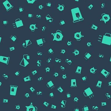 Set Teapot with leaf, Cup tea bag, and of on seamless pattern. Vector Illustrazione stock