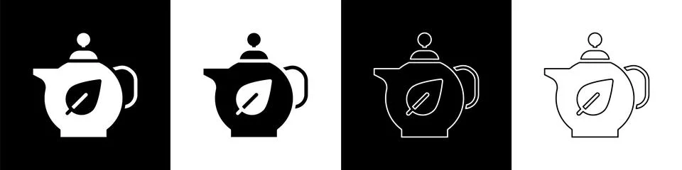 Set Teapot with leaf icon isolated on black and white background. Vector Stock Illustration