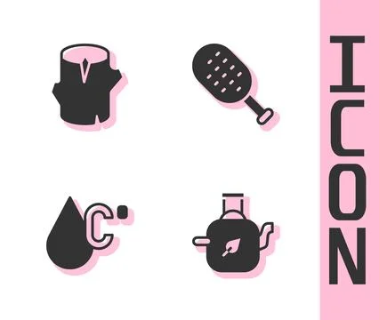 Set Teapot with leaf, Wooden log, Water temperature and Sauna brush icon. V.. 库存插图