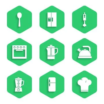 Set Teapot, Refrigerator, Chef hat, Kettle with handle, Blender, Oven, and Spoon Illustration