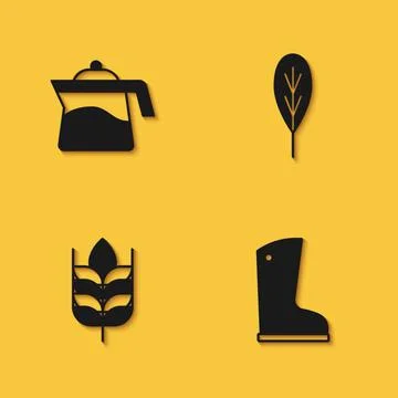 Set Teapot, Waterproof rubber boot, Wheat and Leaf icon with long shadow. Vector Stock Illustration