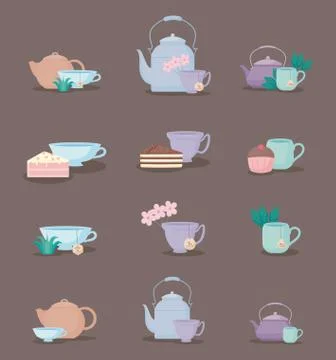 Set of teapots and cups tea icon Stock Illustration