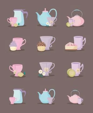 Set of teapots and cups tea icon Illustrazione stock