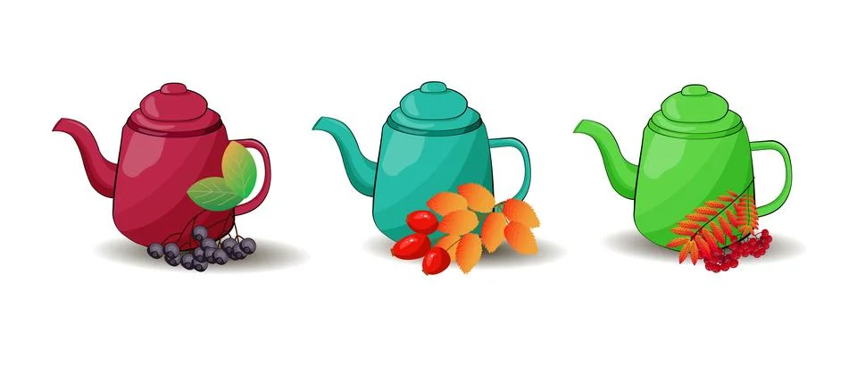 Set of teapots with berries Stock Illustration