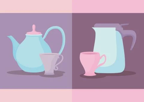 Set of teapots with cup isolated icon Illustrazione stock