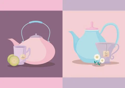 Set of teapots with tea cups isolated icon Stock Illustration