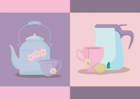 Set of teapots with tea cups isolated icon Stock Illustration
