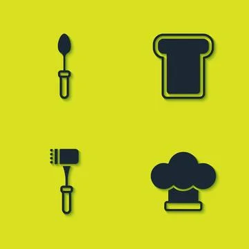 Set Teaspoon, Chef hat, Kitchen hammer and Bread toast icon. Vector Illustrazione stock