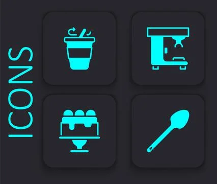 Set Teaspoon, Coffee cup to go, machine and Cake icon. Black square button Stock Illustration