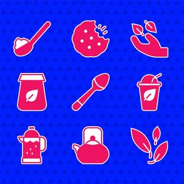 Set Teaspoon, Kettle with handle, leaf, Cup of tea, French press, packaging.. Stock Illustration
