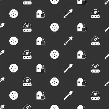 Set Teaspoon, leaf, Cookie or biscuit and Cup of tea with milk on seamless Stock Illustration