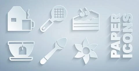 Set Teaspoon, Piece of cake, Cup with tea bag, Flower, strainer handle and milk Stock Illustration