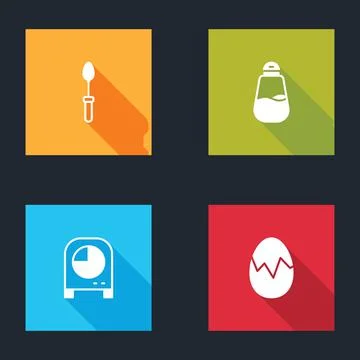 Set Teaspoon, Salt, Kitchen timer and Broken egg icon. Vector Stock Illustration